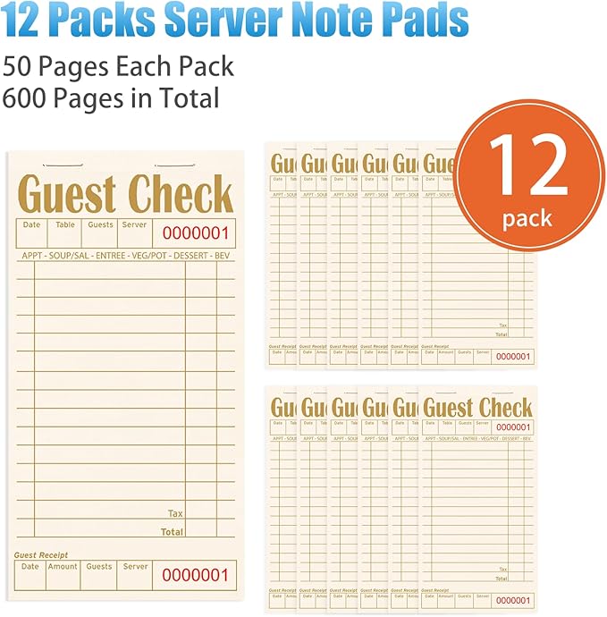 Guest Checks Books for Servers, Server Note Pads, 12 Pack, Natural Color Paper, Waitress Notepad for Restaurants, Waitress Accessories, 600 Sheets, Coffee