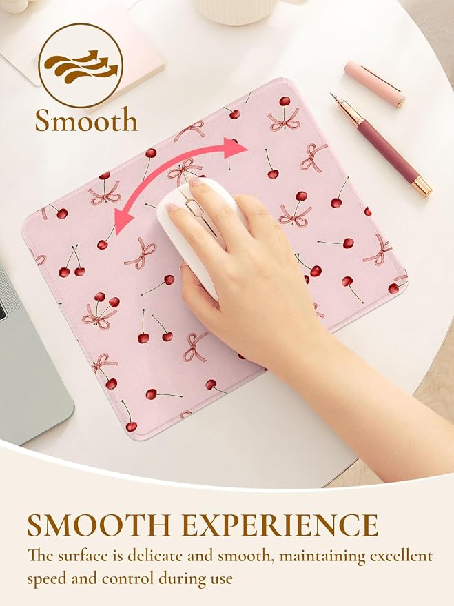 Cute Cherries Mouse Pad, Waterproof Aesthetics Bowsknot Mouse Pads Design, Non-Slip Rubber Base Computer Simple Funny Mousepad,Small Mouse Mat Desk Accessories Office Supplies,Red Cherry Pink