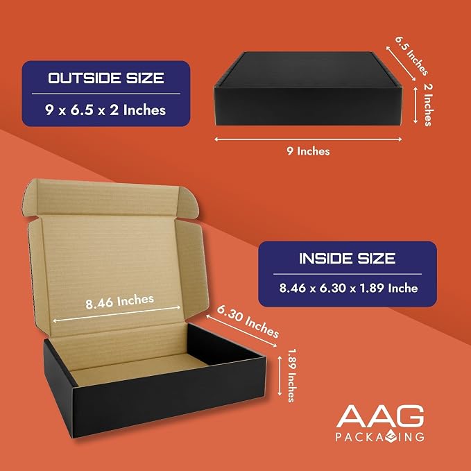 Corrugated Shipping Box Mailers, Kraft Brown, Triple-Layer Board Secure Slot Closure (Black, 9"x6.5"x2" / Set of 20)
