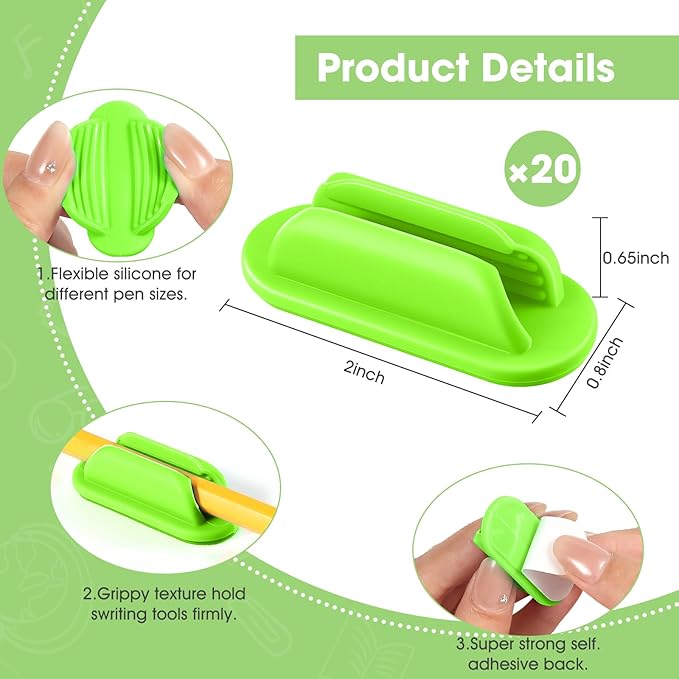 20 PCS Adhesive Pencil Holders for Desk, Silicone Pen Holder for Notebook Wall Clipboard, Durable Pencil Holder for Classroom School Office Home Teacher Student Supplies, Green