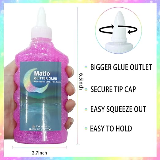 Matio Glitter Glue, 4 Pack Glitter Liquid Glue Non-Toxic Washable 6 FL OZ Each Bottle Assorted Color Glue Stick White Blue Pink Purple Gel Pen for DIY Slime Craft, Painting Art, Christmas Decor Supply