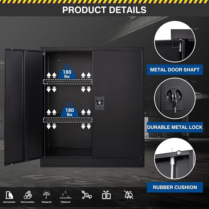 Fesbos Metal Storage Cabinet-36” Tall Steel File Cabinets with Lockable Doors and Adjustable Shelves-Black Steel Storage Cabinet for Home Office, School, Garage