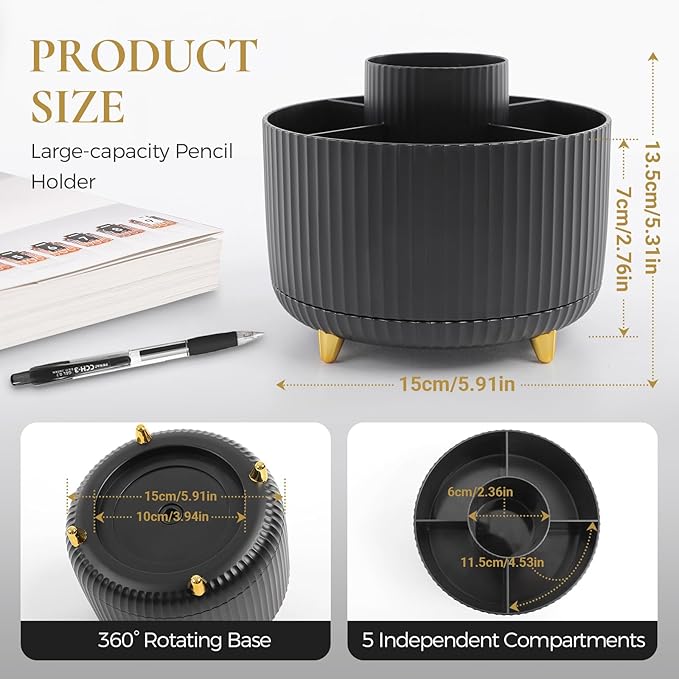 Pencil Pen Holder for Desk, 5 Slots 360 - Degree Rotating Desktop Organizer, Cute Desk Organizers and Accessories for School, Home, Office and Art Supply, Black