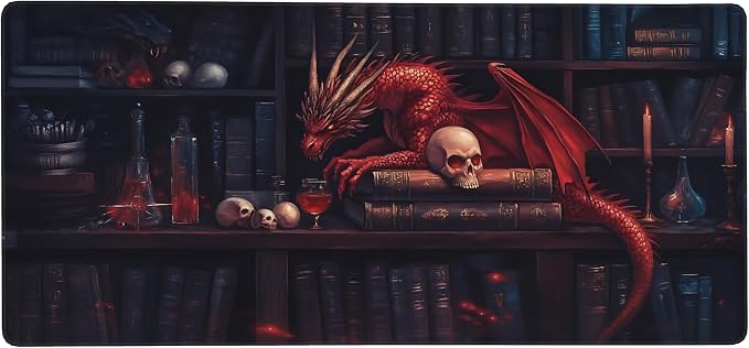 Aesthetic Dragon Gaming Mouse Pad, Ink Blue Red Mystical Desk Mat with Anti-Slip Base & Stitched Edges, Office & Home Desk Decor for Women, 35.4" x 15.7" in Computer Desktop Mat