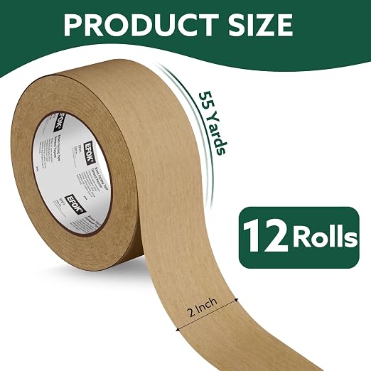 12 Rolls Brown Packing Tape Bulk Packaging Kraft Paper Tape 2 In X 55 Yds | Writable Moving Tape for Boxes, Cardboard Shipping for Packing Boxes, Tear by Hand for Express Parcels & Office Use
