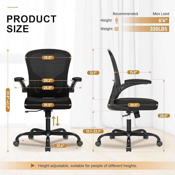Office Chair|Ergonomic Desk Chairs (Pack of 2) | Flip-up Armrests,Mesh Computer Chair,High Back,Comfy Work,Adjustable Lumbar Support