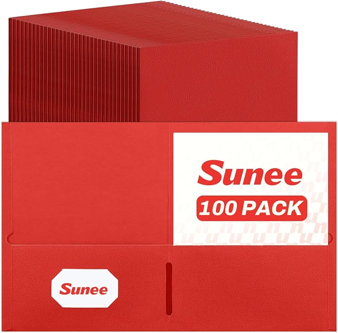 SUNEE Two Pocket Folders, 100 Pack File Folders with Business Card Slot, Textured Paper, Fit Letter Size Paper, Paper File Folder for School Office Home Business, Red