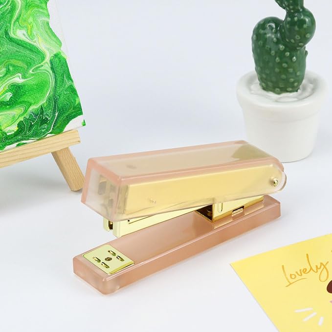 MultiBey 1-Inch Core Clear Acrylic Pink Gold Tape Dispenser Desk Set | Heavy Duty Stapler with 950Pcs Rose Gold Staples, Acrylic Scissors, Stationery Set for Home Office & School Supplies