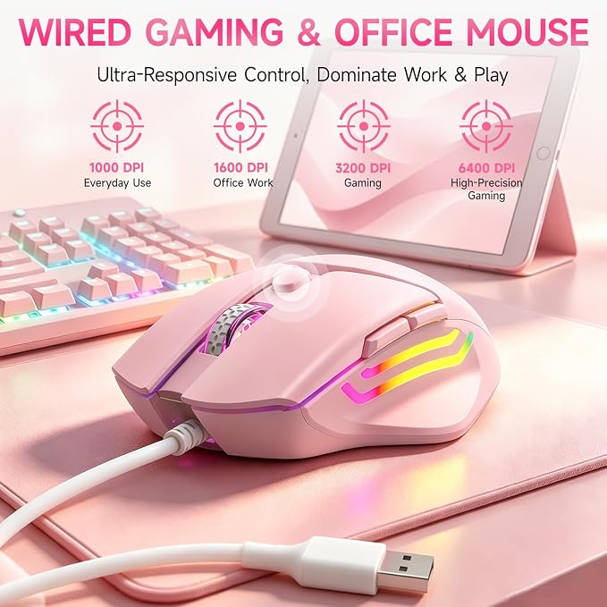 Wired RGB Keyboard and Mouse Combo, Rainbow Backlit, 104-Key Full-Size with Numpad, 6400 DPI Ergonomic High-Precision Mouse, USB Plug & Play, for PC Laptop Mac Windows Mac Office Gaming (Pink)