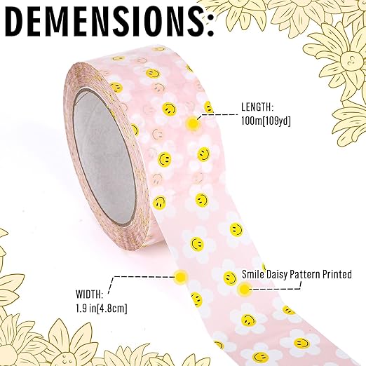 Whaline 109 Yard Smile Daisy Packing Tapes Pink White Smile Face Flower Pattern Tape Waterproof Floral Shipping Tape for Small Business DIY Crafts Box Carton Decor