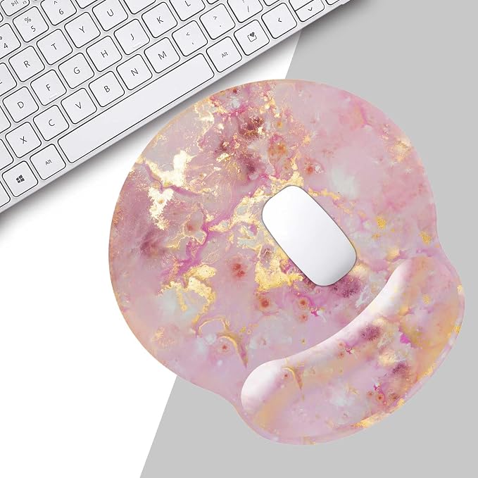 Pink Ergonomic Mouse Pad with Wrist Rest, Gaming Mouse Pad with Wrist Support,Gold Marble Mouse Pads for Desk for Women, Computer Mousepad with Non-Slip Rubber Base, Cute Office Desk Accessories