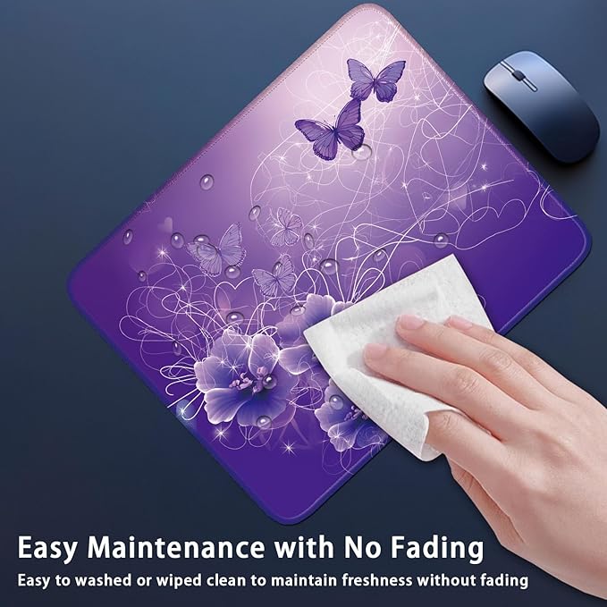 Purple Butterflies and Flower Pattern, Aesthetic Mouse Pad Small Cool Gaming Computer Mouse Pad, 26x21cm