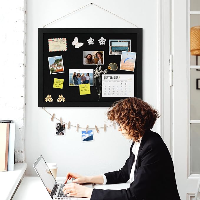 Double-Sided Wood Framed Cork Board with Linen, 30" x 20"（Black） | Hanging Large Bulletin Board, Picture Display Vision Board Kit Corkboards for Wall Room School Office Decor, 20 Pushpins