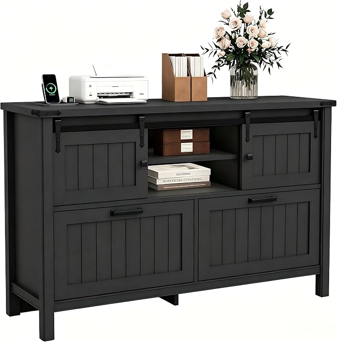 Farmhouse File Cabinet for Legal/ A4 /Letter Size, Black | Filling Cabinet Printer Stand with Outlets & USB Ports for Home Office, Remote Work, Entryway, Sliding Doors & 2 Drawers