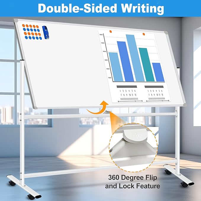 Rolling Whiteboard on Wheels 72x48 inch, Large Double-Sided White Board Dry Erase with Stand, Magnetic Mobile Whiteboard with Stands for School, Office, Home 2 Eraser, 6 Markers, 20 Magnets
