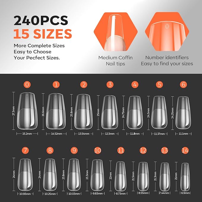 modelones Pro Luxe Instant Nail Apex Tips 15 Sizes, Medium Coffin Extension Gel Tips Pre-building & Pre-etched Thicker Strength Acrylic Fake Nails Full Cover 240 Pcs