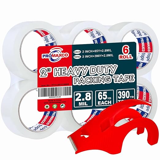 Heavy Duty Packing Tape with Dispenser, 1.88 inch x 65Y, 6 Rolls | 1 Dispenser Included, Total 390Y, Clear, 2.8 mil, Ultra Strong, Refill for Packaging and Shipping