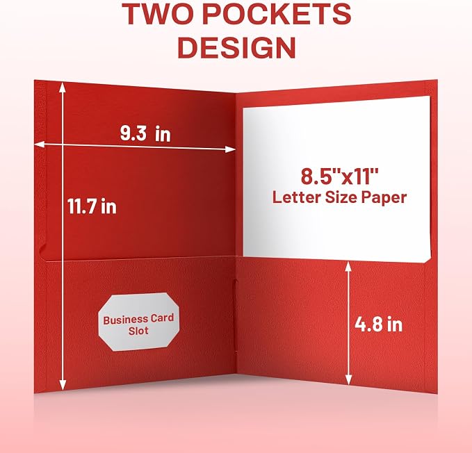 SUNEE Two Pocket Folders, 100 Pack File Folders with Business Card Slot, Textured Paper, Fit Letter Size Paper, Paper File Folder for School Office Home Business, Red