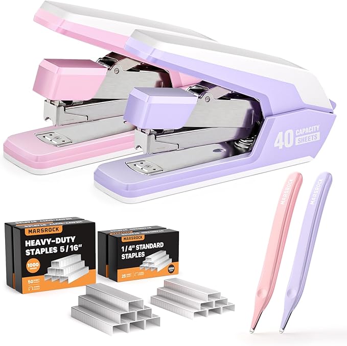 Marsrock Stapler for Desk with 40-50 Sheet Capacity, 4000 Staples, 2 Pack | 1-Touch Stapling, Ergonomic & Easy to Load Desktop Staplers, Heavy Duty Stapler, and Magnetic Staple Remover