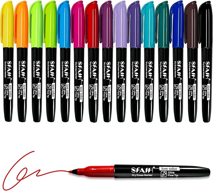 SFAIH 15 Colors Dry Erase Markers, 0.7mm Ultra Fine Tip, Low Odor | Easily Erases, Whiteboard Markers with Long-Lasting Cap, for Detailed Calendars & Small Grids,Planners & Home, Non-Toxic