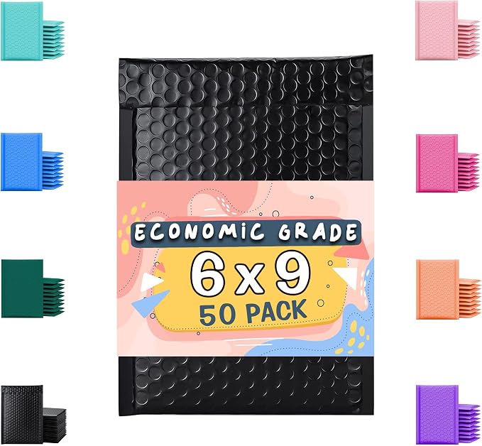 Black Poly Bubble Mailers 6x10 50 Pack Usable 6x9 | Waterproof Self Seal Adhesive Shipping Bags, Cushioning Padded Envelopes for Shipping, Mailing, Packaging