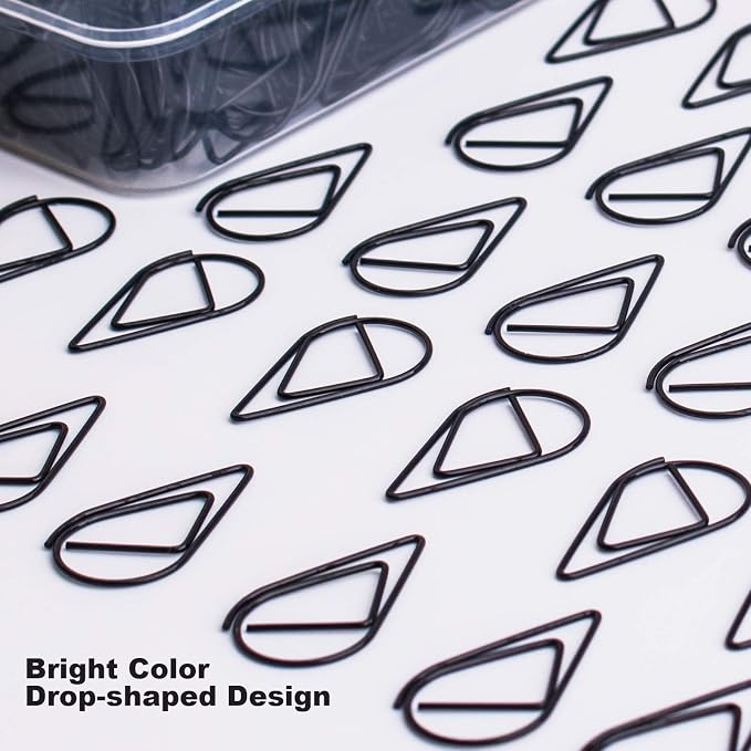 Black Cute Drop-Shaped Paper Clips, 1 inch, 300 Pieces | Drop-Shaped, Stainless Steel, For Office School Home Desk Organizers, Wedding, Bookmarks & Planners