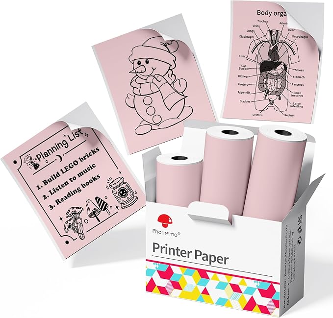Phomemo Pink Self-Adhesive Thermal Paper, Glossy Printable Sticker Paper for Phomemo T02/T02Pro/Q02E/M02X/Y02C/Q02 Mini Sticker Printer, 50mm x 3.5m, Diameter 28mm, 3-Rolls, Image Time 20 Years