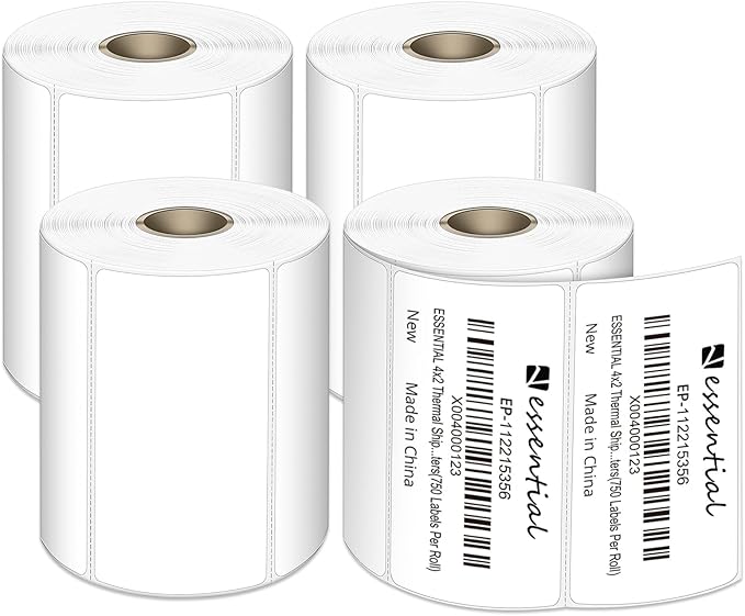 ESSENTIAL 4"X2" Direct Thermal Barcode Labels, 750 Tags of Roll, Shipping Labels, Compatible with Zebra Printers (4 Roll-3000 Tags)