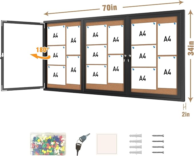Mifuro 70"x34" Enclosed Bulletin Board, Outdoor Lockable Weather-Resistant Aluminum Cork Noticeboard for School & Office, Black Frame w/Cork