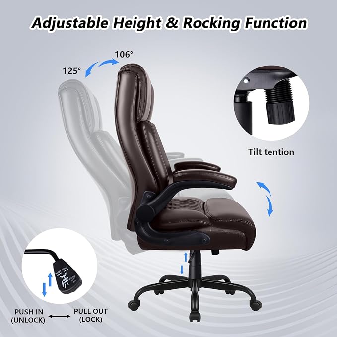 Office Chair, Big and Tall 400LBS Heavy Duty Executive Office Desk Chair with Flip-up Armrest, Ergonomic Swivel High Back Office Chairs with Lumbar Support, PU Leather (Brown)