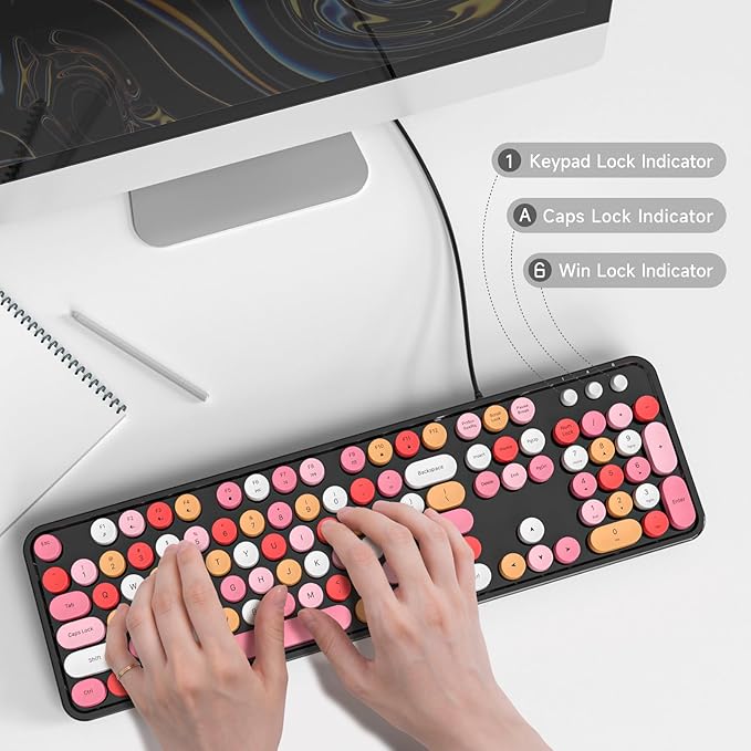 Computer Keyboard Wired, Plug and Play USB Retro Round Typewriter Keyboard, Full Size Wired Keyboard with Foldable Stands for Laptop and Office PC