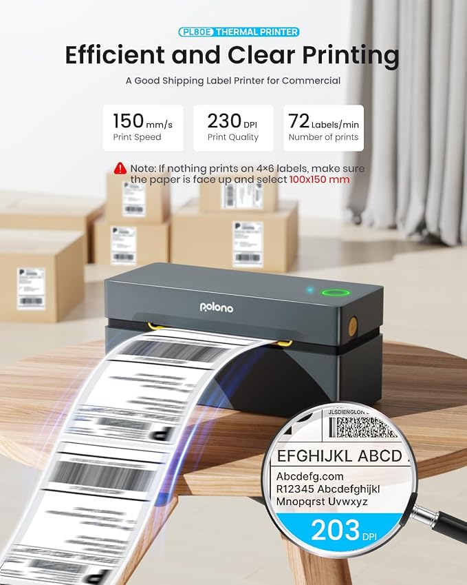 POLONO Bluetooth Thermal Shipping Label Printer, 4x6 Label Printer for Shipping | Good Quality, Faster Speed, High-Efficiency, Easy to Use, Wireless 4x6 Shipping Label Printer for Amazon, Etsy, USPS, Shopify