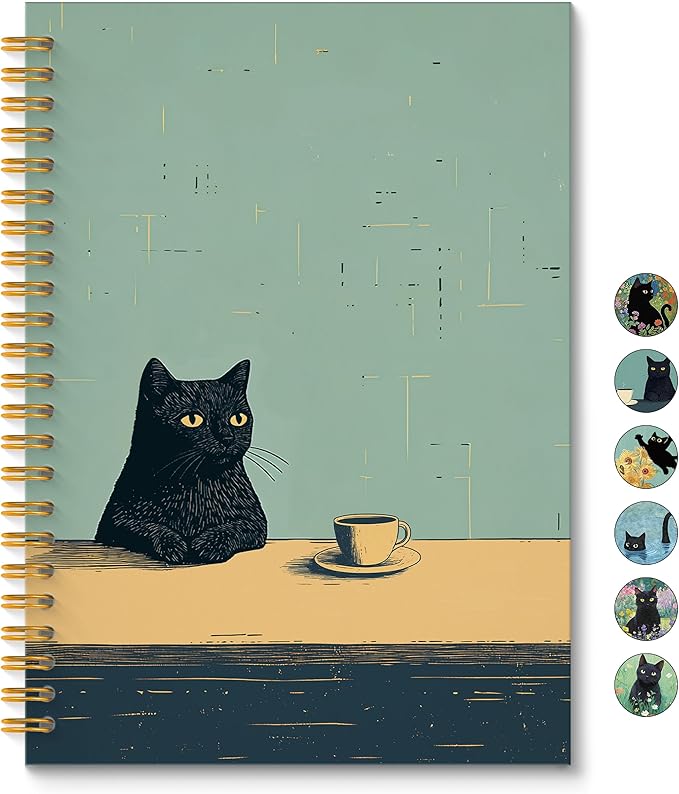 Vintage Coffee Black Cat Spiral Notebook, Black Cat Gifts Journal, Cats Lovers Mom Lady Gifts Journal Notebook, 5.5x8.3 Inch