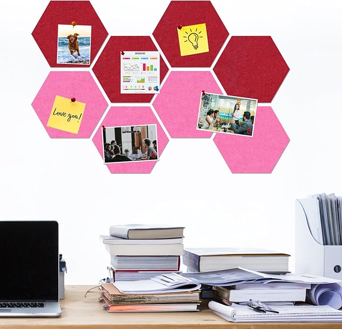 Large Hexagon Felt Cork Board Tiles, Self Adhesive DIY Felt Bulletin Board Pin Board with 35 Pushpins for Office School Home Wall Decor Stickers Memos Photos Display(Red+Pink)