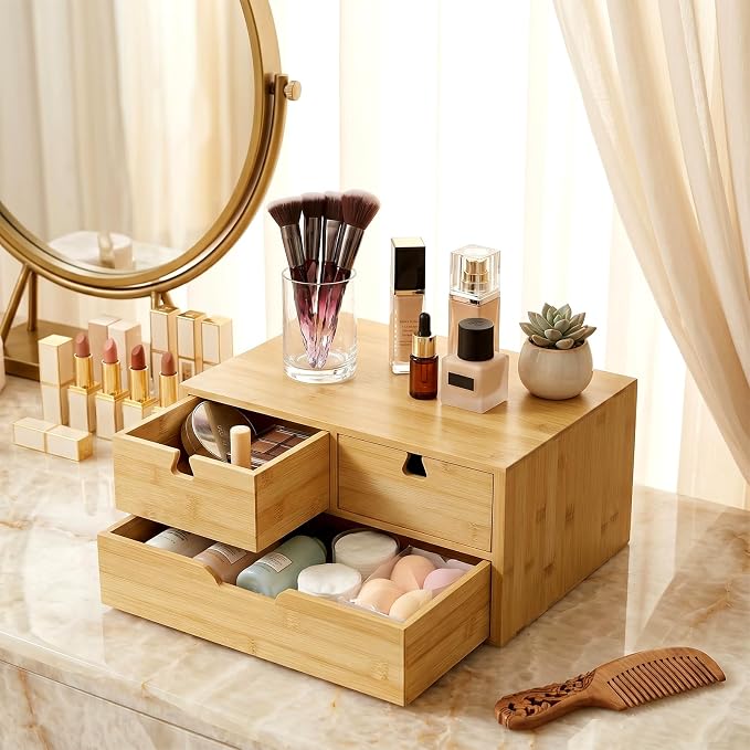 Bamboo Desk Organizer, 100% Natural Bamboo Desktop Drawer Organizer, Tabletop Storage Cabinet Organization Box with 3 Drawers for Home Office Supplies, Makeup, Letter, 2-Layer, Fully Assembled
