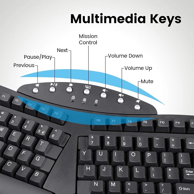 Perixx Periboard-612B Wireless Ergonomic Split Keyboard with Dual Mode 2.4G and Bluetooth Feature, Compatible with Windows 11 and Mac OS X System, Black, US English Layout