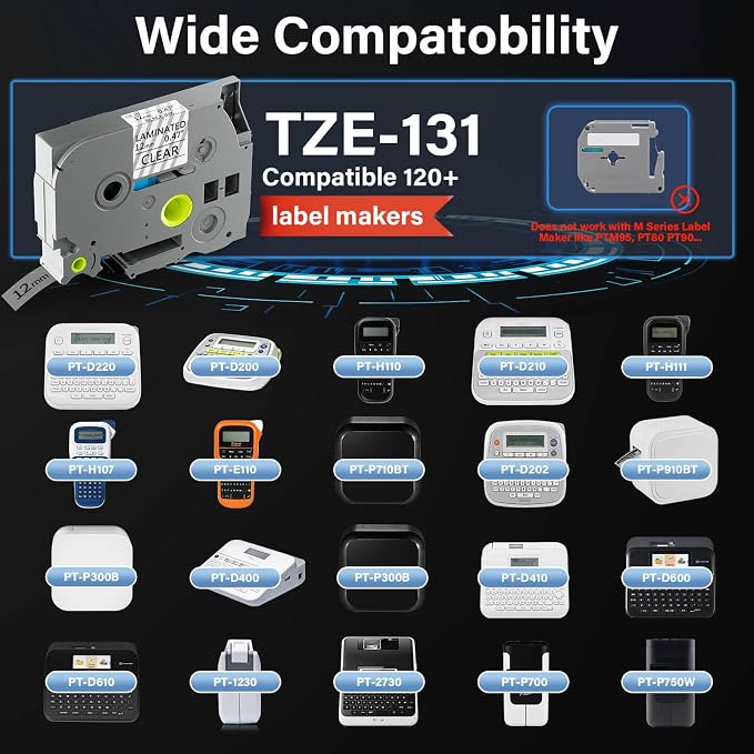 TZE-131 Compatible for Brother Clear Label Maker Tape 12mm 0.47 Laminated Replacement for TZ TZE TZE131 1/2" 8m Tape for P-Touch PT-D220 PTD220 PT-D210 PT-H110 PT-D200 PT-D400 Black on Clear (6 Packs)