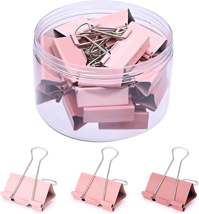 Temiary Binder Clips, Large Metal Binder Paper Clip Pink 1.6 Inch, 24 Pcs | Colored Binding Paperwork Clamp Bulk for Office, Home, School