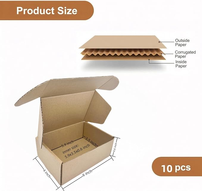 Small Sturdy Cardboard Box 6x4x0.6 Inch Mailing Corrugated Boxes Set of 10 | Business Packaging Carton for Storage and Shipping