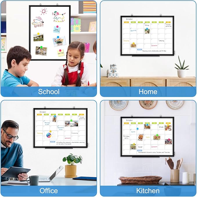Dry Erase Calendar Whiteboard for Wall, 24" x 18" Month White Board Black | Double-Sided Magnetic, Black Aluminum Frame, Hang Wall Mount, Portable Board for Home, Office, School