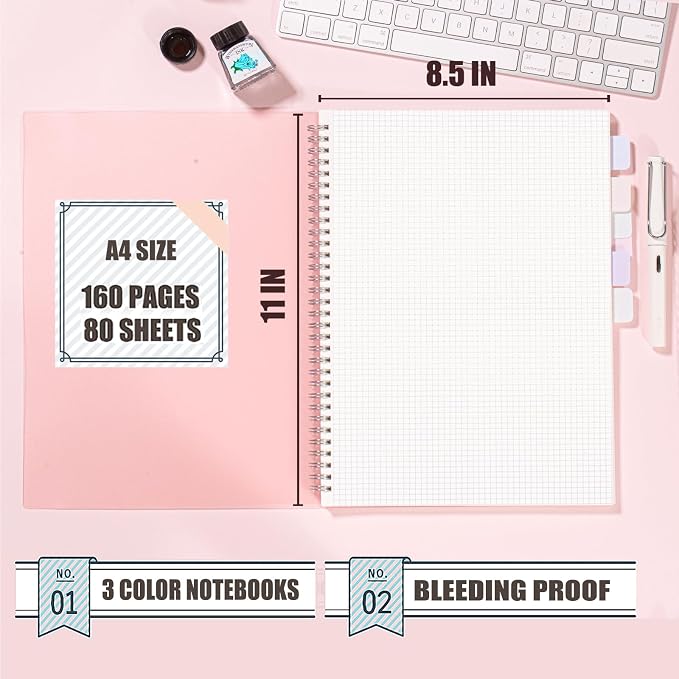 OWSC 3 Pack Graph Spiral Notebook, Hardcover Notebooks for Work A4 Graph | 5.9 x 8.3 IN Notebooks College Ruled for Note Taking, School and Journal with 80 Sheets/160 Pages 110 GSM Thick Papers