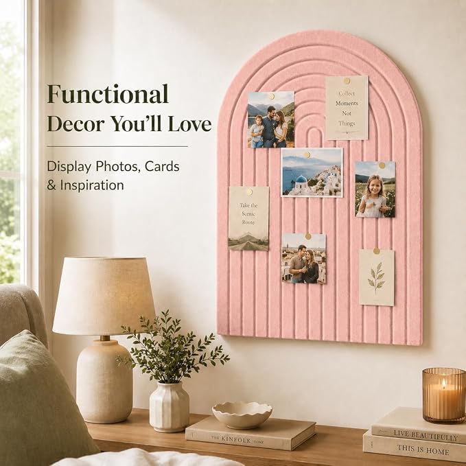 Large Arched Felt Bulletin Board, Sized 36" x 24" for Office & Wall Decor – 6 Customizable Adhesive Tiles with Pins are Perfect to Display Your Photos (Pink-A)