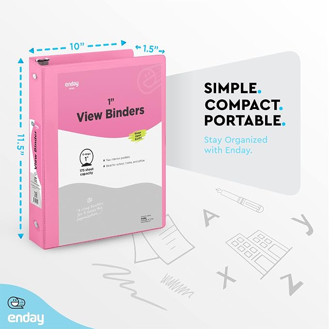 Enday 3 Ring Binder 1 Inch Pink 1 Pack, Holds 175 Sheets of Letter Paper, Clear View 1" Three Ring PVC-Free Fits 8.5x11 Inches for School or Office Supplies