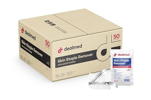 Dealmed Sterile Staple Removal Kit - Includes Remover and Gauze - 50 Kits | Stainless Steel Instrument, Disposable, 3 x 3 in Sponge, Tyvek Peel Back Tray, For EMT EMS Hospitals, Class I OTC Device