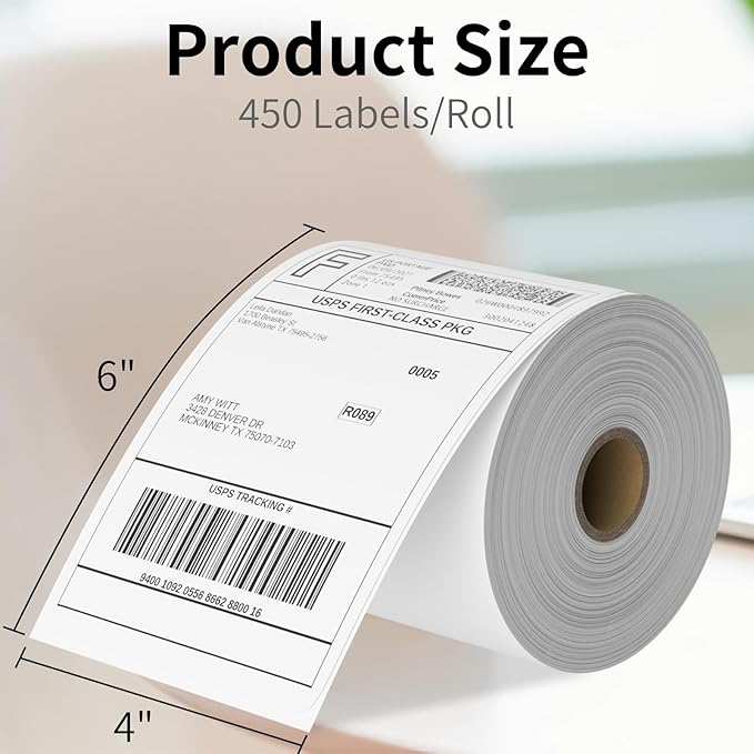 4x6 Thermal Labels, 4 Rolls Thermal Printer Labels, 450 Labels/Roll, White Perforated Shipping Labels Compatible with Zebra, Rollo Label Printer