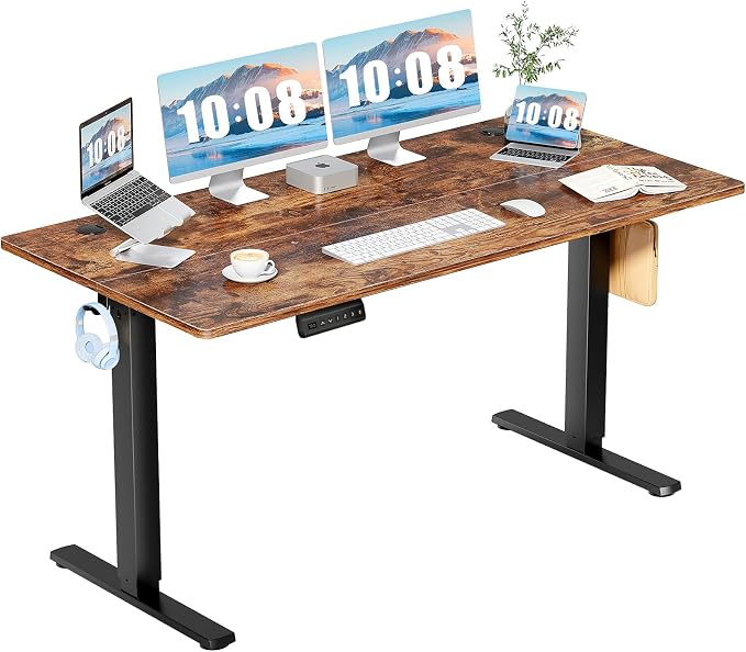 DUMOS 63 Inch Electric Standing Desk, Memory Adjustable Home Office Desk | Sit Stand Up Desk for Work Home Office,Adjustable Desk, Rising Computer Table with Splice Board,Cable Management,Hook,Brown