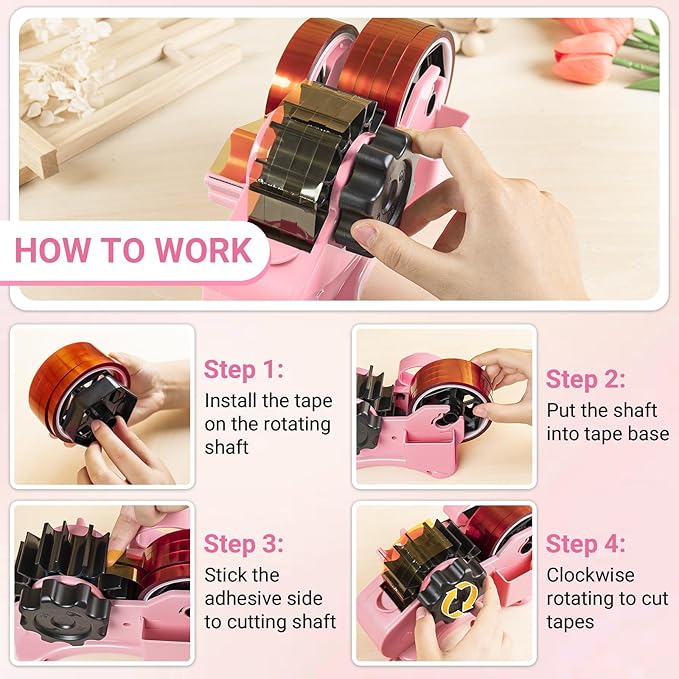 THINKLEARN Heat Tape Dispenser - Sublimation Heat Transfer Tape Dispenser with Scissors and Utility Knife, 1 '' & 3'' Core, Multi-Roll Pre-Cut Tape Dispenser, Light Pink