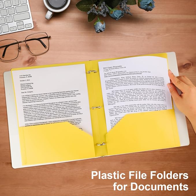 12 Pack Folders with Pockets, Plastic 3 Hole Punched Binder Folders with Business Card Holder, Colored Decorative File Folders for Documents, Filing Cabinet, School, Office, Business | 6 Color, Decorative, File Folders, Business Card Holder, for Docume...