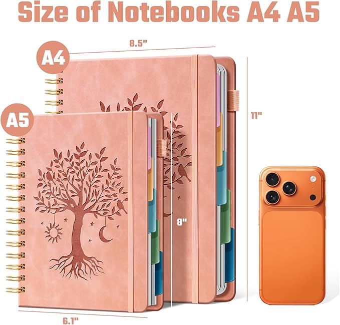 Hardcover Spiral Notebook 6.1" x 8.4" with 5 Removable Dividers 300 Pages Leather 5 Subject Notebook College Ruled 100GSM Large Spiral Notebooks for Work Thick Lined Journal for Women, Pink