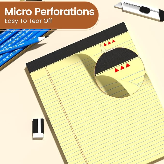 Legal Pads 8.5 X11, Narrow Ruled Notepads, 6 Pack, 50 Sheet/Pad | Yellow Legal Pads, Tear Off Notepad, Perforated Writing Pad, Notebook Paper College Ruled, Notepads For Office Home School